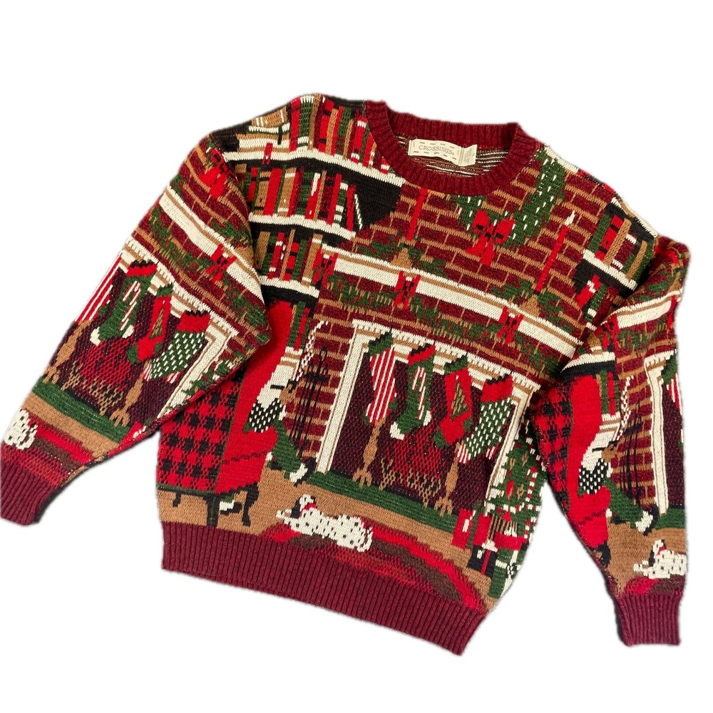 Crossings Christmas Fireplace Knit Sweater Large Red Cotton Ugly Holiday Party